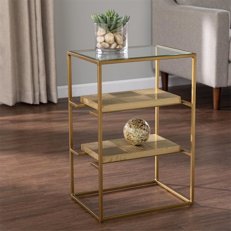 Gfancy Fixtures 24 in. Glass & Iron Rectangular End Table with Two Shelves Brass GF3111402